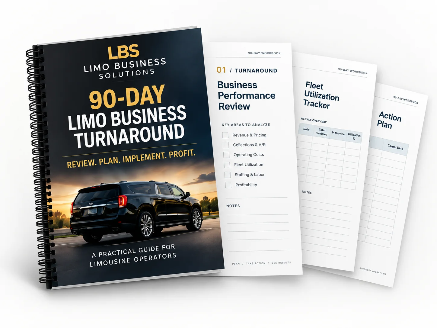 90-Day Limo Business Turnaround Workbook product display with sample worksheets