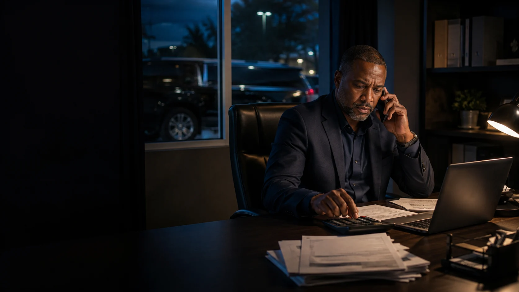 A business owner reviewing invoices and making a payment follow-up call