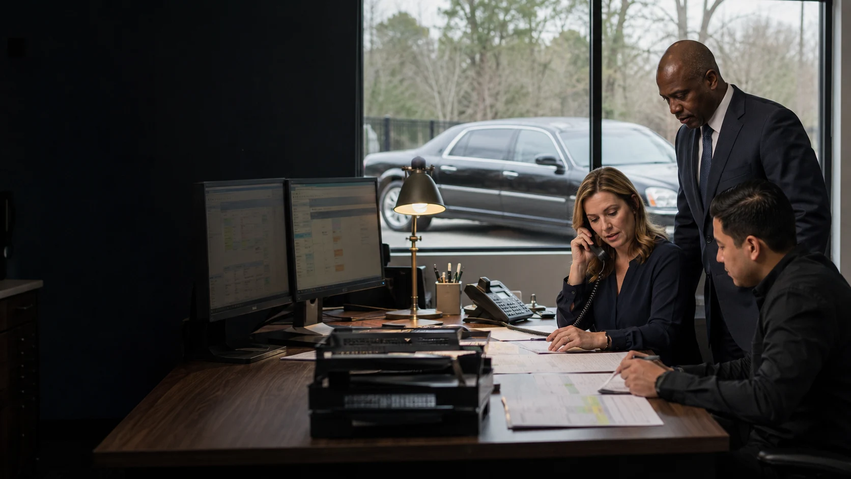A transportation team coordinating bookings and driver communication in a dispatch office
