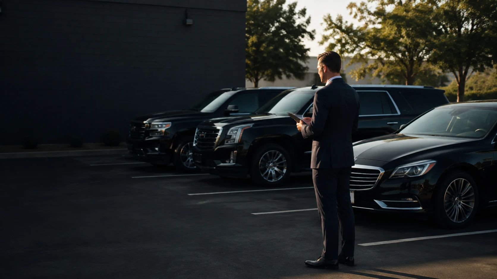 An operator surveying black executive vehicles standing unused in a parking lot