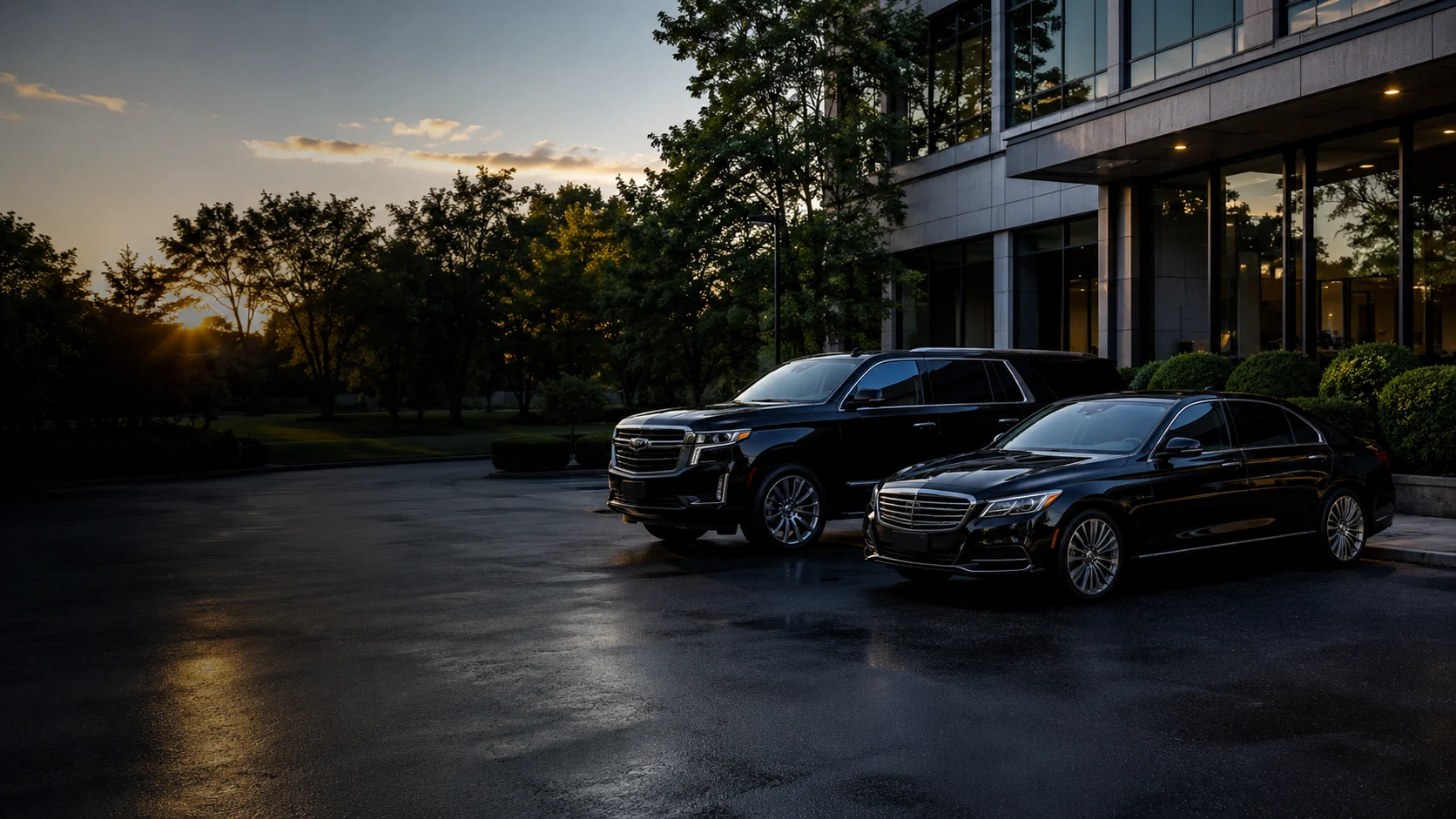 Black executive SUV and luxury sedan outside an office at dawn